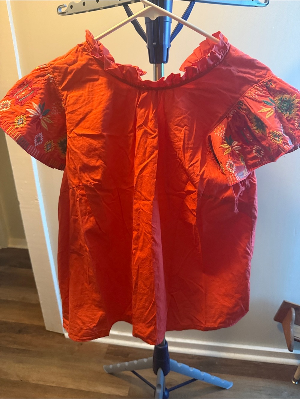 crown & ivy Red Embroidered Ruffle-Neck Blouse
